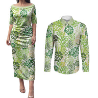 Green Aloha Hawaiian Couples Matching Puletasi and Long Sleeve Button Shirt Monstera Hibiscus Tropical Pattern