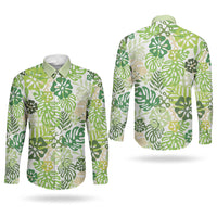 Green Aloha Hawaiian Couples Matching Puletasi and Long Sleeve Button Shirt Monstera Hibiscus Tropical Pattern