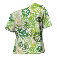 Green Aloha Hawaiian Cross Shoulder Shirt Monstera Hibiscus Tropical Pattern