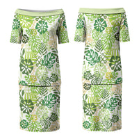 Green Aloha Hawaiian Family Matching Puletasi and Hawaiian Shirt Monstera Hibiscus Tropical Pattern