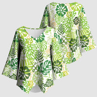 Green Aloha Hawaiian Kimono Sleeve Blouse Monstera Hibiscus Tropical Pattern