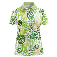 Green Aloha Hawaiian Women Polo Shirt Monstera Hibiscus Tropical Pattern