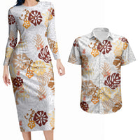 Brown Aloha Hawaiian Couples Matching Long Sleeve Bodycon Dress and Hawaiian Shirt Monstera Hibiscus Tropical Pattern