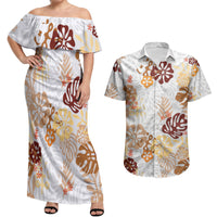 Brown Aloha Hawaiian Couples Matching Off Shoulder Maxi Dress and Hawaiian Shirt Monstera Hibiscus Tropical Pattern
