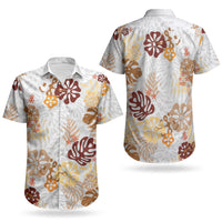Brown Aloha Hawaiian Couples Matching Off The Shoulder Long Sleeve Dress and Hawaiian Shirt Monstera Hibiscus Tropical Pattern