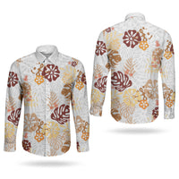 Brown Aloha Hawaiian Couples Matching Puletasi and Long Sleeve Button Shirt Monstera Hibiscus Tropical Pattern