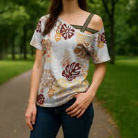 Brown Aloha Hawaiian Cross Shoulder Shirt Monstera Hibiscus Tropical Pattern