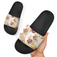 Brown Aloha Hawaiian Slide Sandals Monstera Hibiscus Tropical Pattern