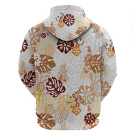 Brown Aloha Hawaiian Zip Hoodie Monstera Hibiscus Tropical Pattern