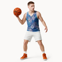 Blue Aloha Hawaiian Basketball Jersey Monstera Hibiscus Tropical Pattern