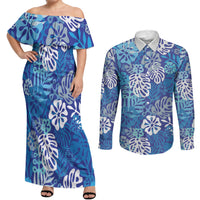 Blue Aloha Hawaiian Couples Matching Off Shoulder Maxi Dress and Long Sleeve Button Shirt Monstera Hibiscus Tropical Pattern