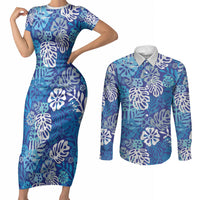 Blue Aloha Hawaiian Couples Matching Short Sleeve Bodycon Dress and Long Sleeve Button Shirt Monstera Hibiscus Tropical Pattern