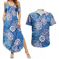 Blue Aloha Hawaiian Couples Matching Summer Maxi Dress and Hawaiian Shirt Monstera Hibiscus Tropical Pattern