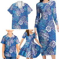 Blue Aloha Hawaiian Family Matching Long Sleeve Bodycon Dress and Hawaiian Shirt Monstera Hibiscus Tropical Pattern