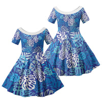 Blue Aloha Hawaiian Family Matching Off Shoulder Short Dress and Hawaiian Shirt Monstera Hibiscus Tropical Pattern