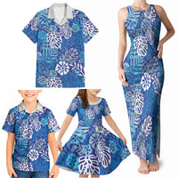 Blue Aloha Hawaiian Family Matching Tank Maxi Dress and Hawaiian Shirt Monstera Hibiscus Tropical Pattern