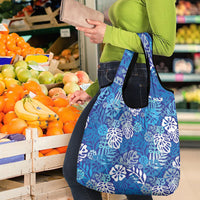 Blue Aloha Hawaiian Grocery Bag Monstera Hibiscus Tropical Pattern