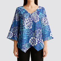 Blue Aloha Hawaiian Kimono Sleeve Blouse Monstera Hibiscus Tropical Pattern