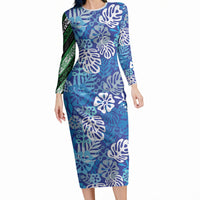 Blue Aloha Hawaiian Long Sleeve Bodycon Dress Monstera Hibiscus Tropical Pattern