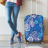 Blue Aloha Hawaiian Luggage Cover Monstera Hibiscus Tropical Pattern