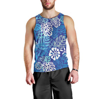 Blue Aloha Hawaiian Men Tank Top Monstera Hibiscus Tropical Pattern