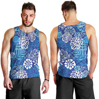 Blue Aloha Hawaiian Men Tank Top Monstera Hibiscus Tropical Pattern