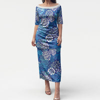 Blue Aloha Hawaiian Puletasi Monstera Hibiscus Tropical Pattern