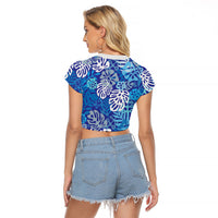 Blue Aloha Hawaiian Raglan Cropped T Shirt Monstera Hibiscus Tropical Pattern