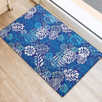 Blue Aloha Hawaiian Rubber Doormat Monstera Hibiscus Tropical Pattern