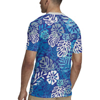 Blue Aloha Hawaiian Rugby Jersey Monstera Hibiscus Tropical Pattern