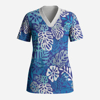 Blue Aloha Hawaiian Scrub Top Monstera Hibiscus Tropical Pattern
