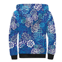 Blue Aloha Hawaiian Sherpa Hoodie Monstera Hibiscus Tropical Pattern