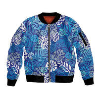 Blue Aloha Hawaiian Sleeve Zip Bomber Jacket Monstera Hibiscus Tropical Pattern