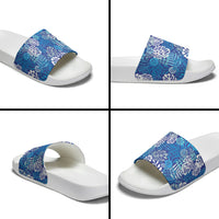 Blue Aloha Hawaiian Slide Sandals Monstera Hibiscus Tropical Pattern