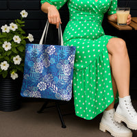 Blue Aloha Hawaiian Tote Bag Monstera Hibiscus Tropical Pattern