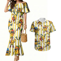 Funny Hawaii Mango Hip Hop Cartoon Couples Matching Mermaid Dress and Hawaiian Shirt Summer Beach Party