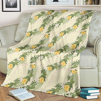 Hawaiian Pikake Maile Lei Blanket Tiare Hibiscus Kalo Palapalai Leaf Beige