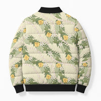 Hawaiian Pikake Maile Lei Bomber Puffer Jacket Tiare Hibiscus Kalo Palapalai Leaf Beige