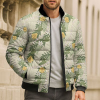 Hawaiian Pikake Maile Lei Bomber Puffer Jacket Tiare Hibiscus Kalo Palapalai Leaf Beige