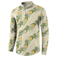 Hawaiian Pikake Maile Lei Button Sweatshirt Tiare Hibiscus Kalo Palapalai Leaf Beige