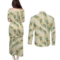 Hawaiian Pikake Maile Lei Couples Matching Puletasi and Long Sleeve Button Shirt Tiare Hibiscus Kalo Palapalai Leaf Beige