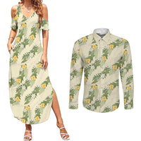 Hawaiian Pikake Maile Lei Couples Matching Summer Maxi Dress and Long Sleeve Button Shirt Tiare Hibiscus Kalo Palapalai Leaf Beige LT19 Beige - Polynesian Pride