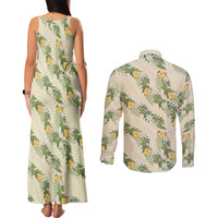 Hawaiian Pikake Maile Lei Couples Matching Tank Maxi Dress and Long Sleeve Button Shirt Tiare Hibiscus Kalo Palapalai Leaf Beige LT19 - Polynesian Pride