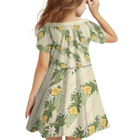 Hawaiian Pikake Maile Lei Family Matching Off Shoulder Short Dress and Hawaiian Shirt Tiare Hibiscus Kalo Palapalai Leaf Beige LT19 - Polynesian Pride