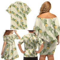 Hawaiian Pikake Maile Lei Family Matching Off Shoulder Short Dress and Hawaiian Shirt Tiare Hibiscus Kalo Palapalai Leaf Beige LT19 - Polynesian Pride