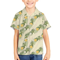 Hawaiian Pikake Maile Lei Family Matching Off Shoulder Short Dress and Hawaiian Shirt Tiare Hibiscus Kalo Palapalai Leaf Beige LT19 Son's Shirt Beige - Polynesian Pride