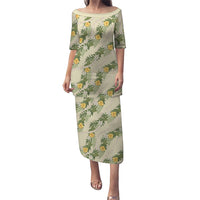 Hawaiian Pikake Maile Lei Family Matching Puletasi and Hawaiian Shirt Tiare Hibiscus Kalo Palapalai Leaf Beige LT19 Mom's Dress Beige - Polynesian Pride