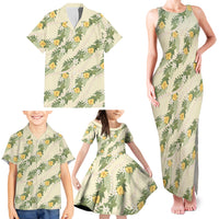 Hawaiian Pikake Maile Lei Family Matching Tank Maxi Dress and Hawaiian Shirt Tiare Hibiscus Kalo Palapalai Leaf Beige LT19 - Polynesian Pride