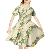 Hawaiian Pikake Maile Lei Kid Short Sleeve Dress Tiare Hibiscus Kalo Palapalai Leaf Beige