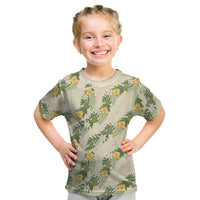 Hawaiian Pikake Maile Lei Kid T Shirt Tiare Hibiscus Kalo Palapalai Leaf Beige